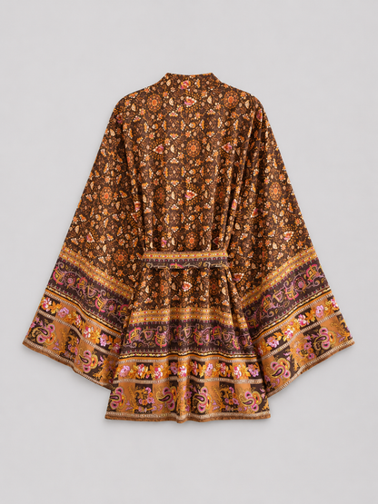 Kimono court à motif oriental brun