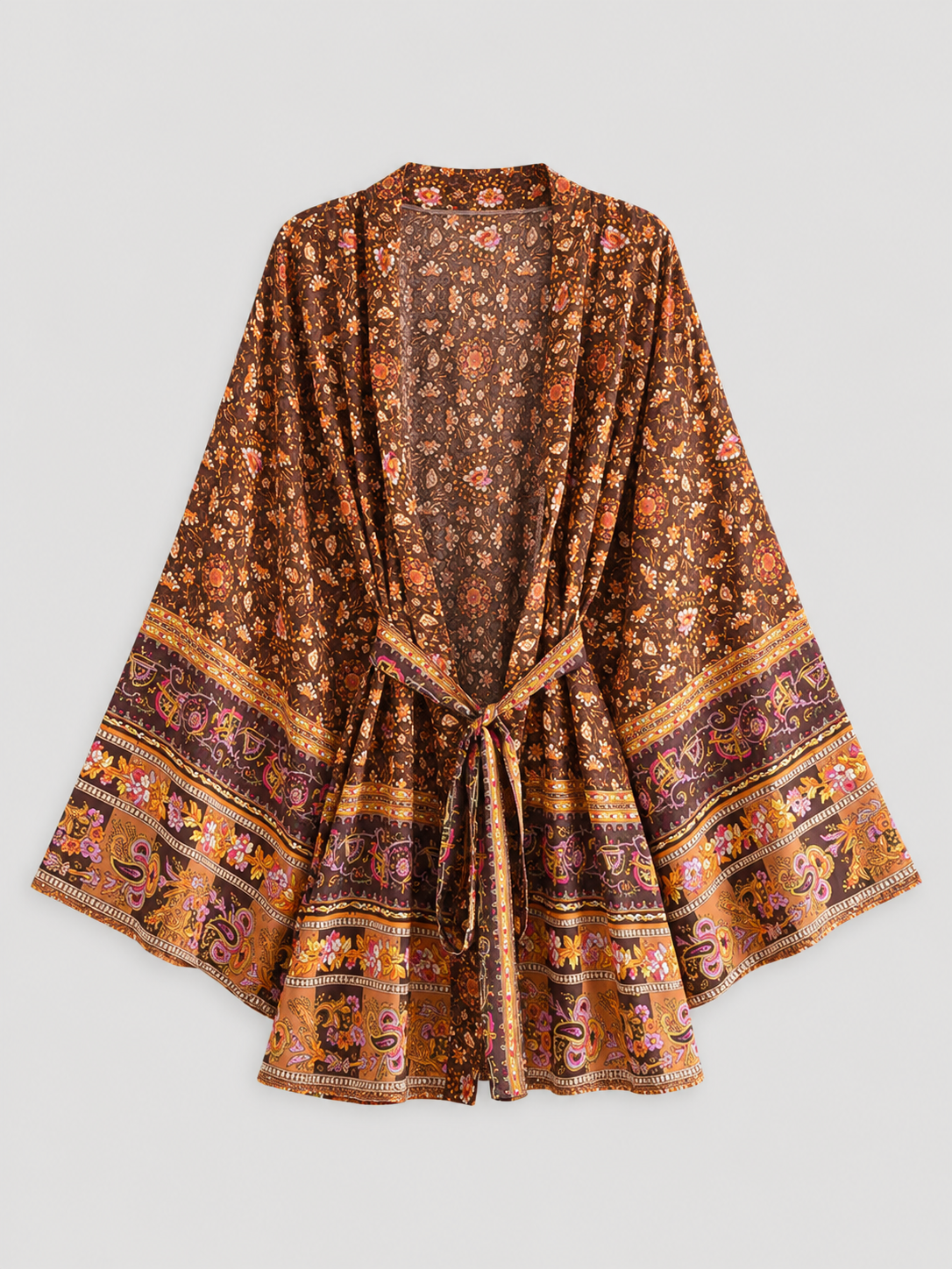 Kimono court à motif oriental brun