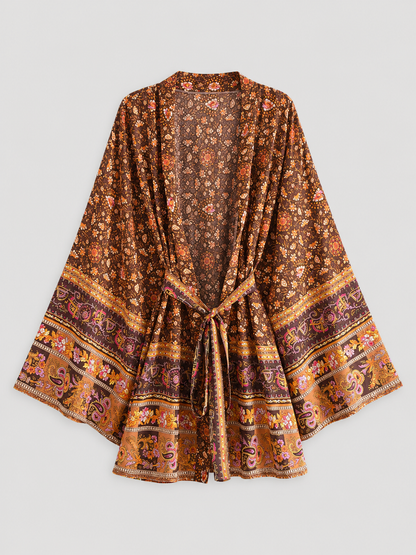 Kimono court à motif oriental brun