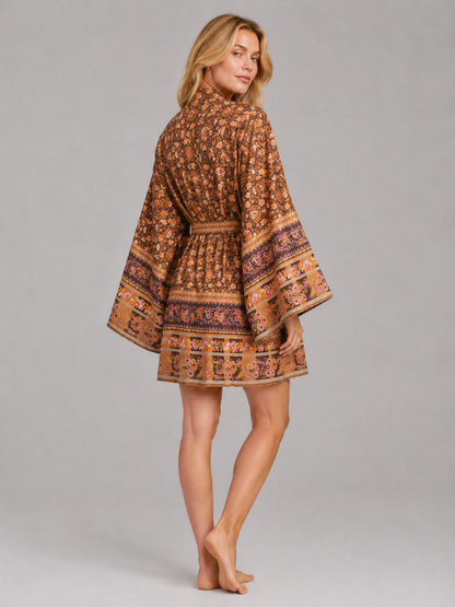 Kimono court à motif oriental brun