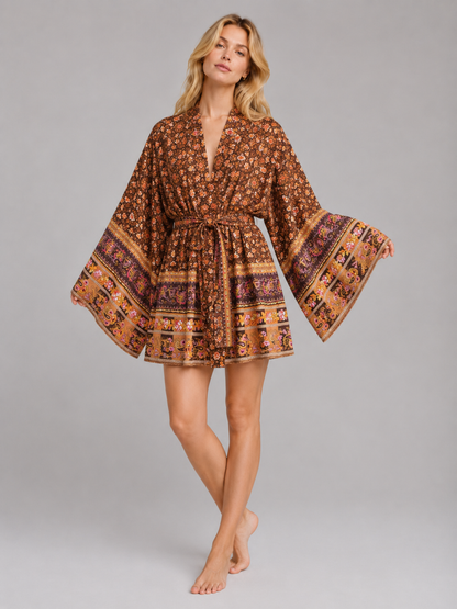Kimono court à motif oriental brun