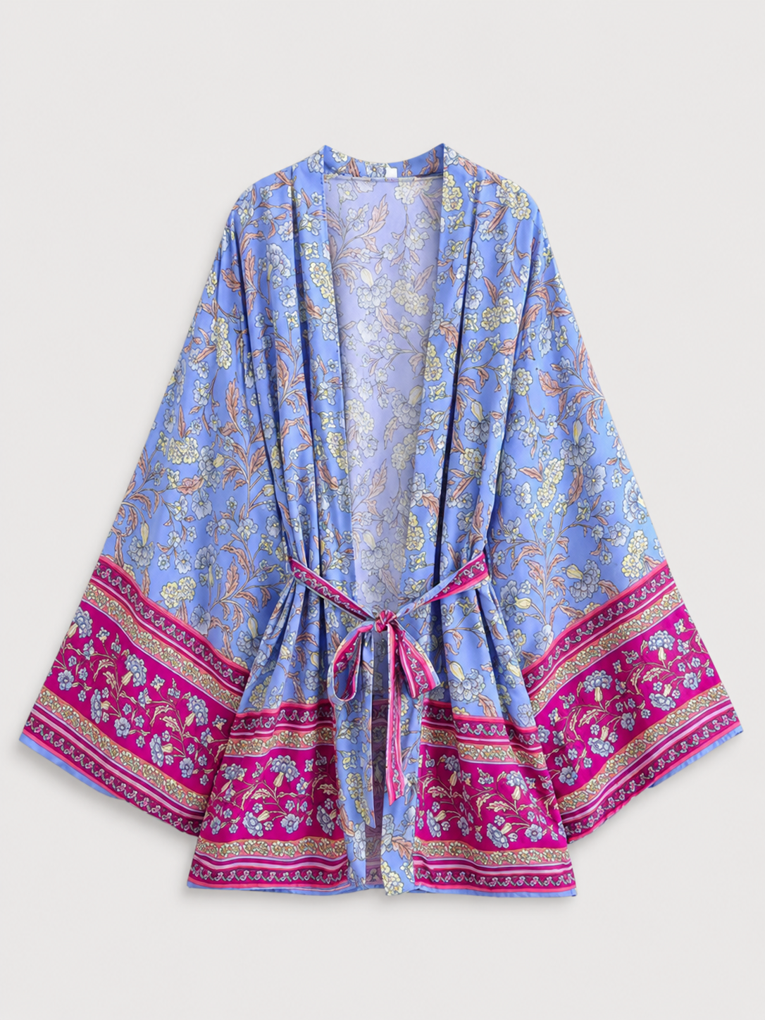 Kimono court bleu et rose à fleurs