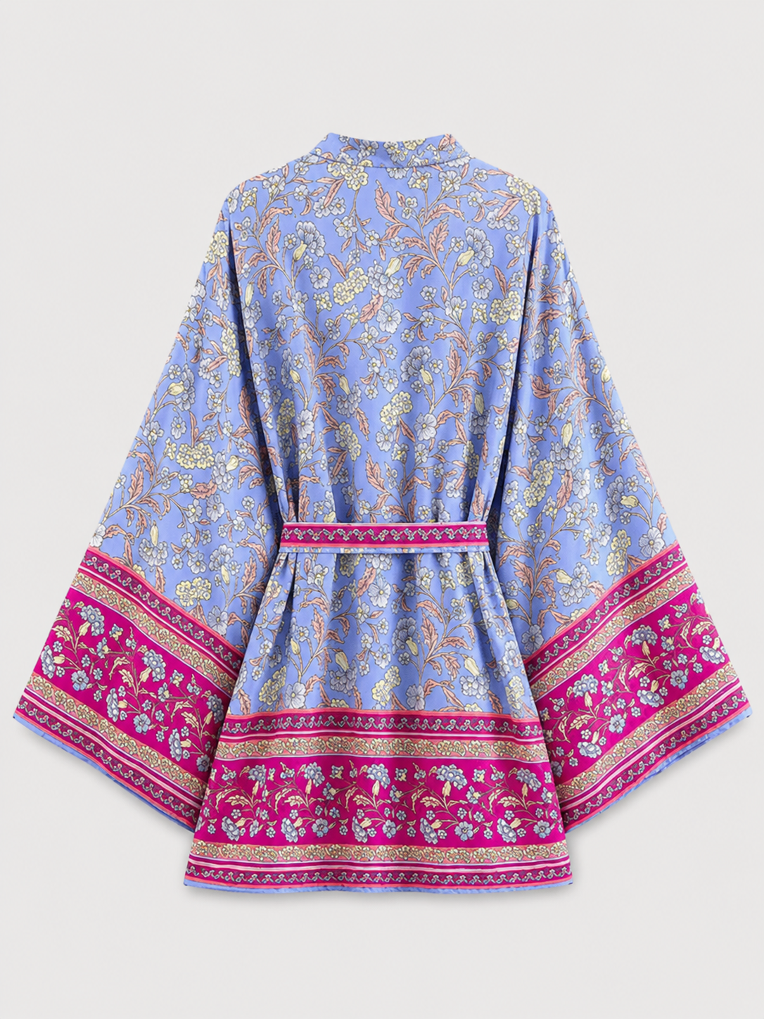 Kimono court bleu et rose à fleurs