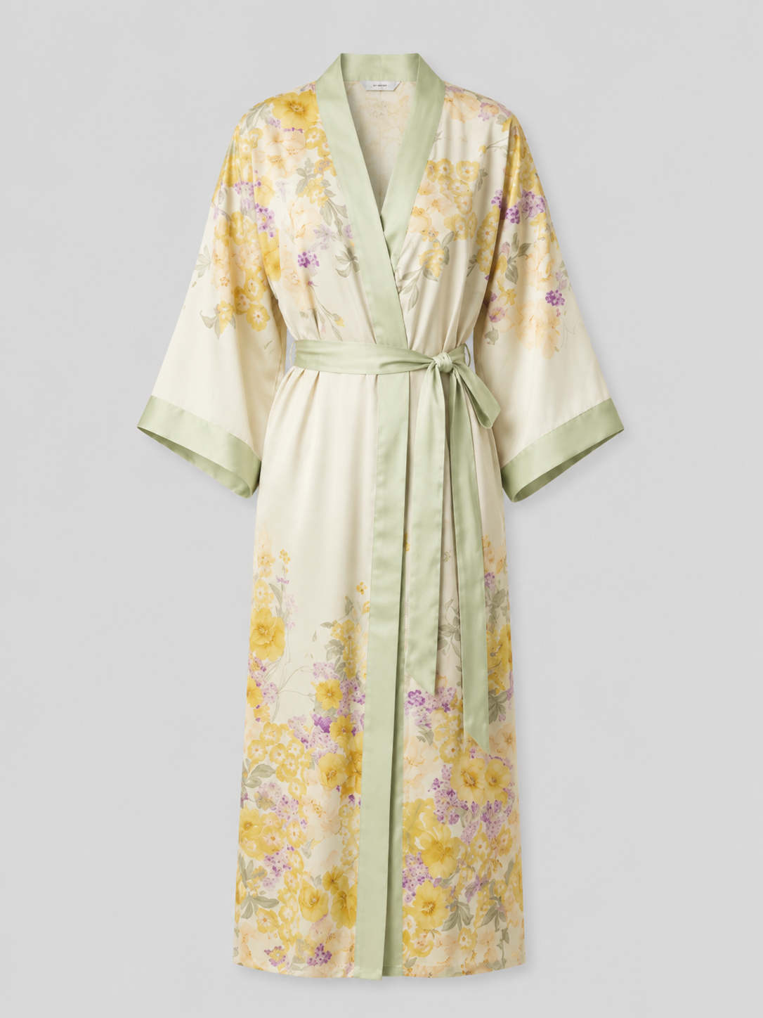 Robe kimono longue femme — fleurs jaunes et satin vert amande
