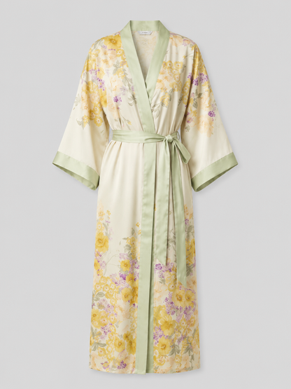 Robe kimono longue femme — fleurs jaunes et satin vert amande