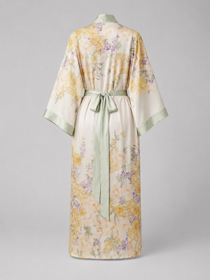 Robe kimono longue femme — fleurs jaunes et satin vert amande