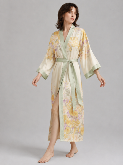Robe kimono longue femme — fleurs jaunes et satin vert amande