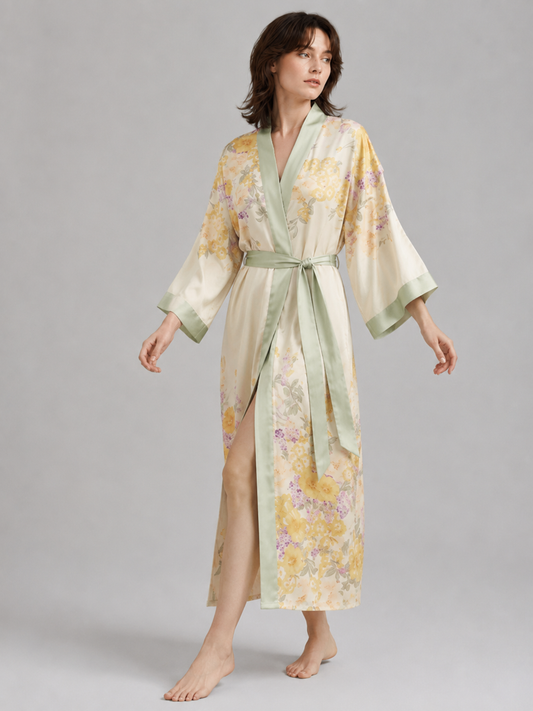 Robe kimono longue femme — fleurs jaunes et satin vert amande