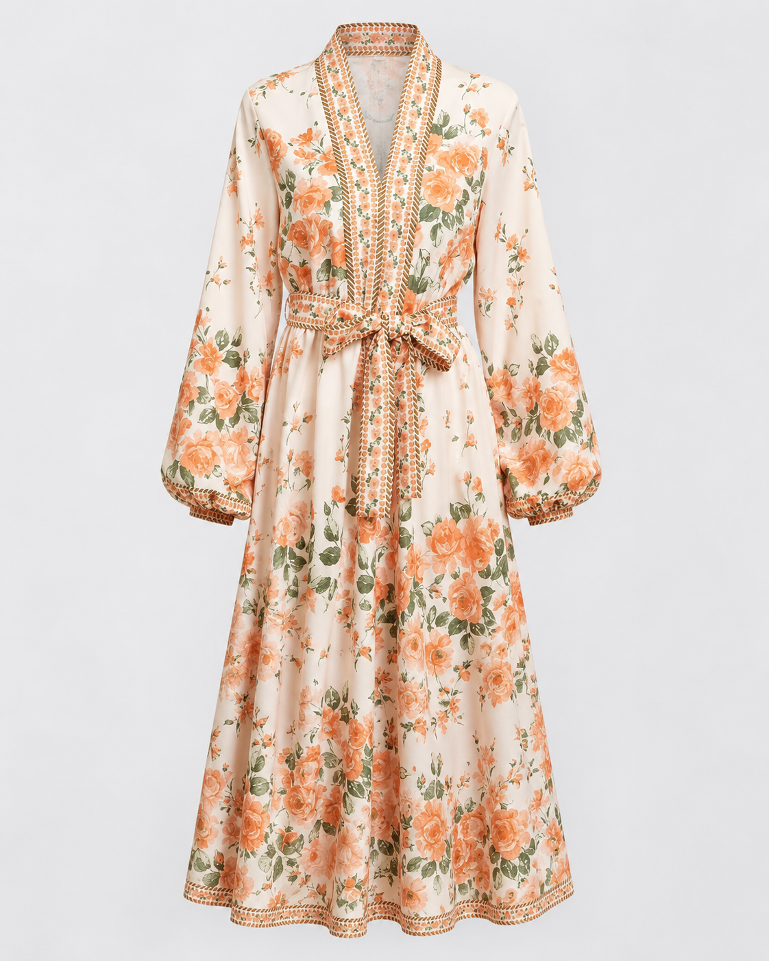 Kimono court beige avec motifs fleuris & style bohème