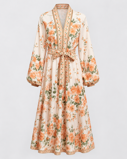 Kimono court beige avec motifs fleuris & style bohème