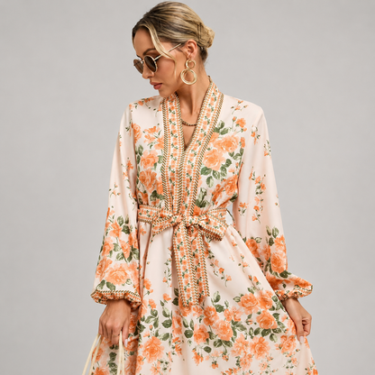 Kimono court beige avec motifs fleuris & style bohème