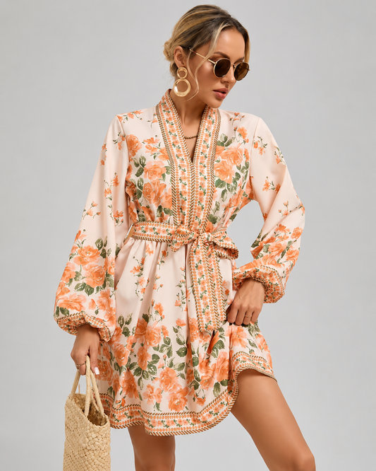 Kimono court beige avec motifs fleuris & style bohème