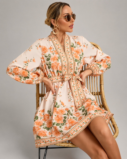 Kimono court beige avec motifs fleuris & style bohème