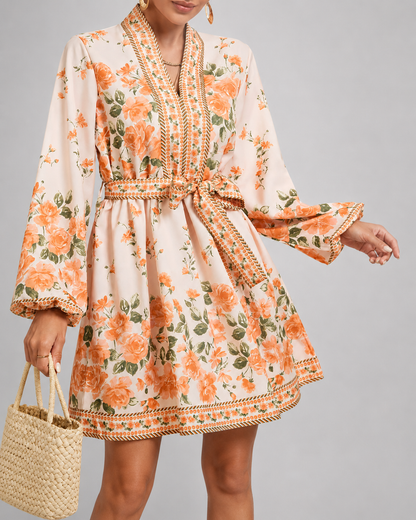 Kimono court beige avec motifs fleuris & style bohème