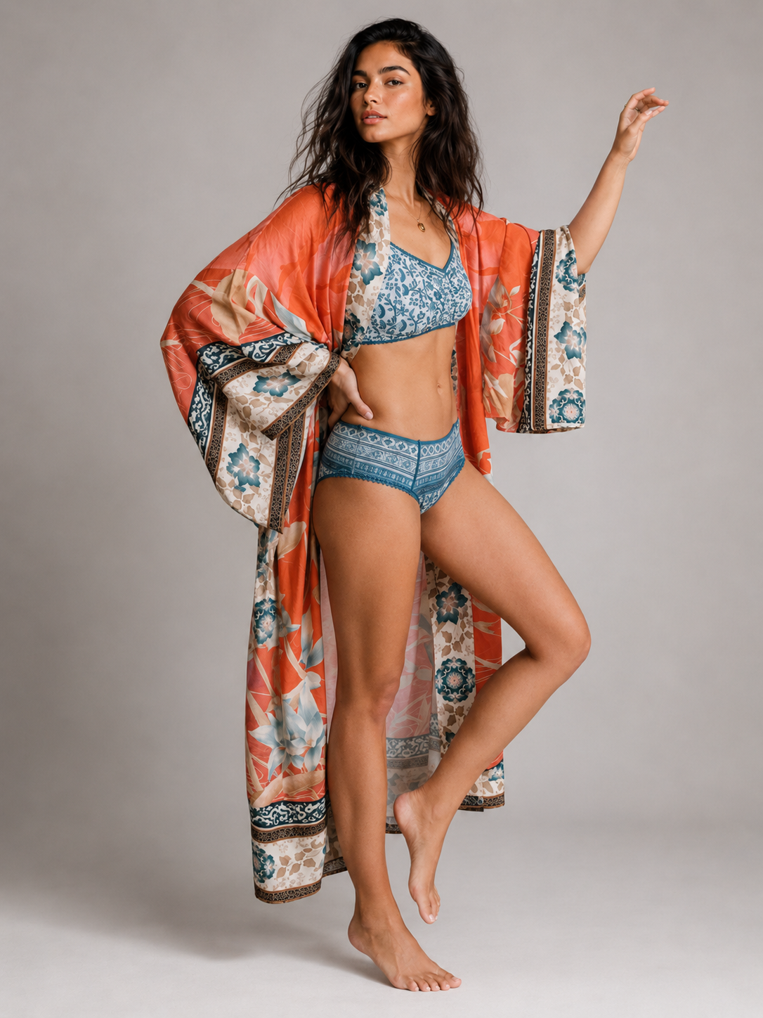 Kimono orange long femme
