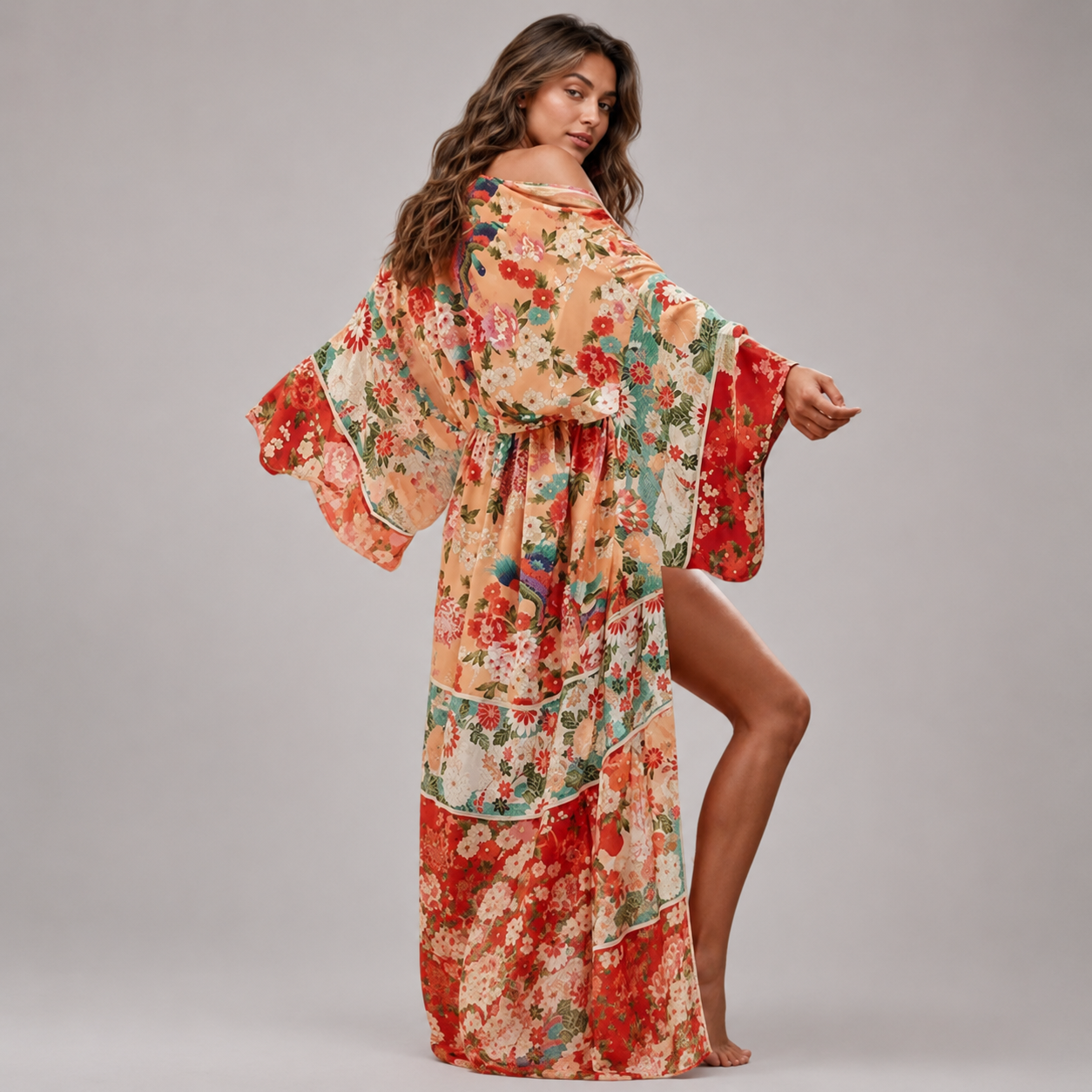 Kimono long fleuri femme