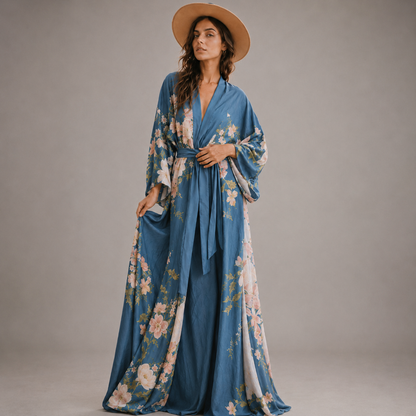 Kimono long bleu pâle à motifs fleuris
