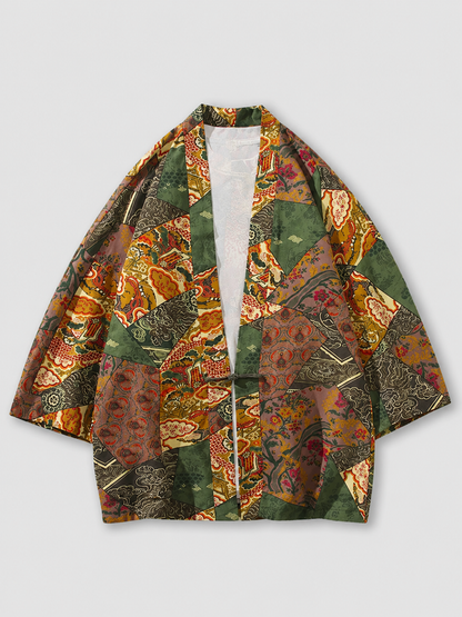 Kimono patchwork vert foncé et rouge brique