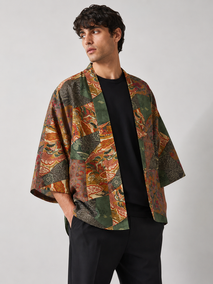 Kimono patchwork vert foncé et rouge brique