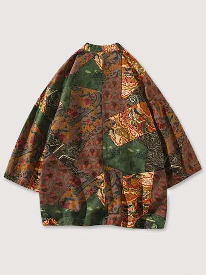 Kimono patchwork vert foncé et rouge brique