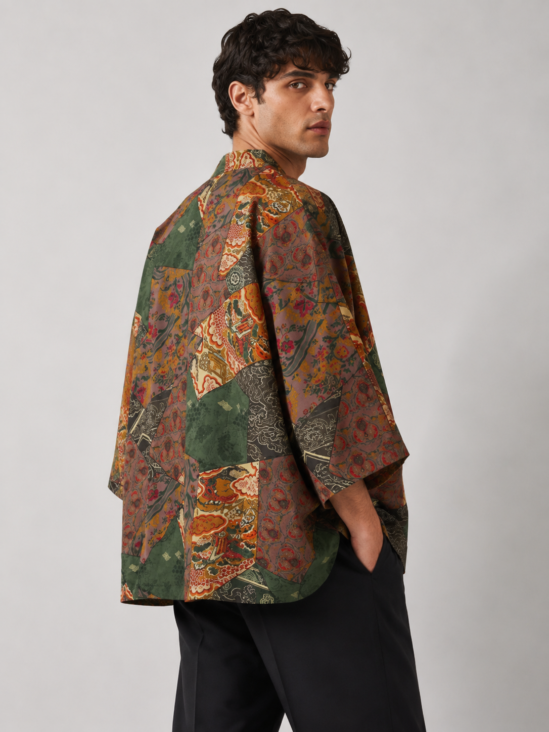 Kimono patchwork vert foncé et rouge brique