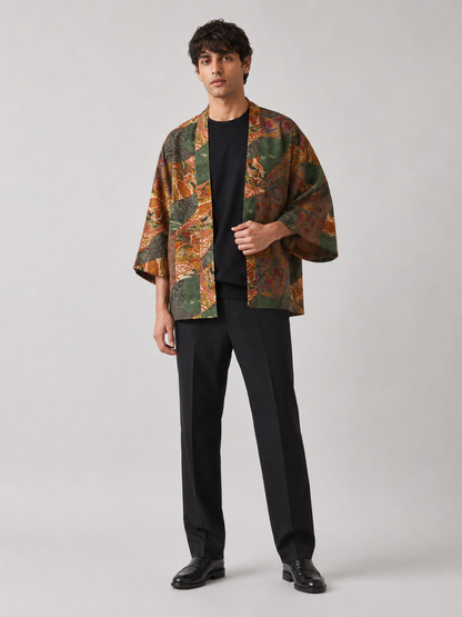 Kimono patchwork vert foncé et rouge brique