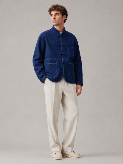 Veste kimono bleu indigo en coton fait main