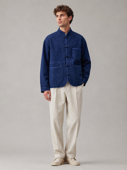 Veste kimono bleu indigo en coton fait main