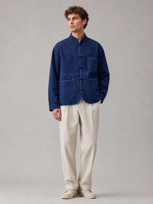 Veste kimono bleu indigo en coton fait main