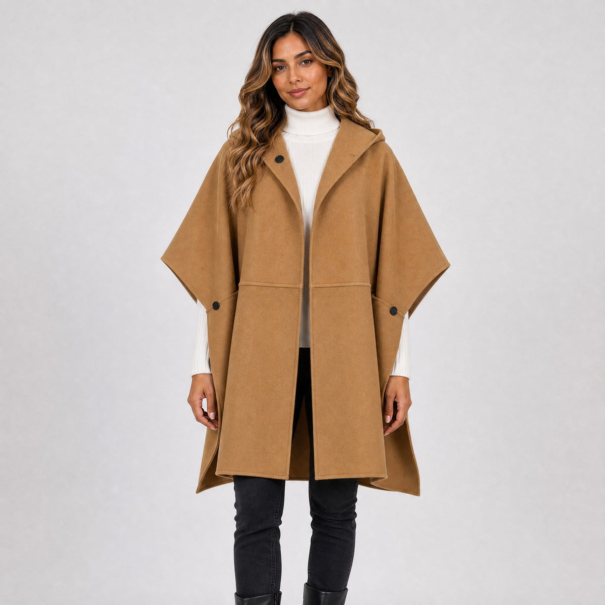 Manteau Poncho Cape à Capuche Femme camel, vue de face