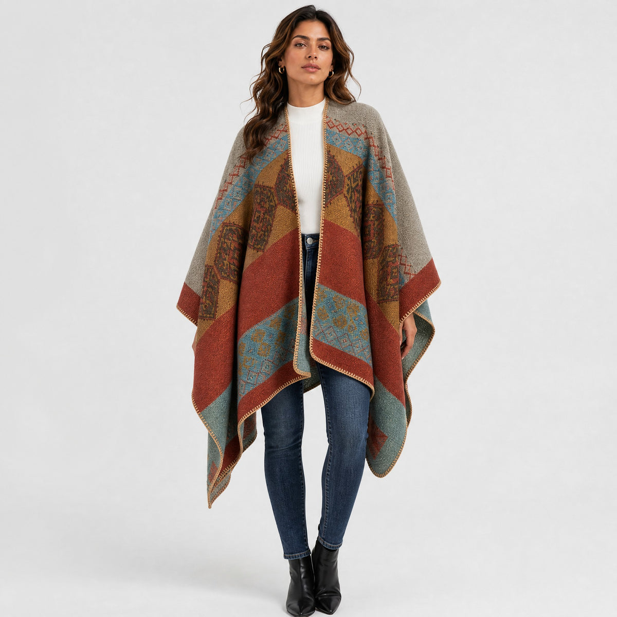 Poncho Bohème à Motifs Ethniques Femme orange et gris, vue de face