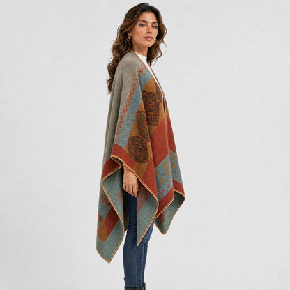 Poncho Bohème à Motifs Ethniques Femme orange et gris, vue de profil