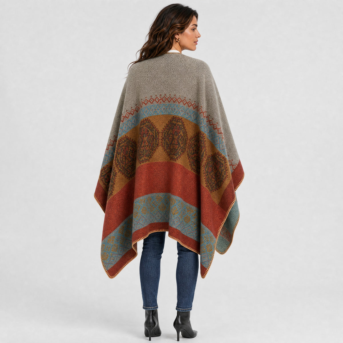 Poncho Bohème à Motifs Ethniques Femme orange et gris, vue de dos