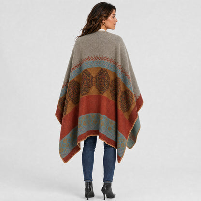 Poncho Bohème à Motifs Ethniques Femme orange et gris, vue de dos