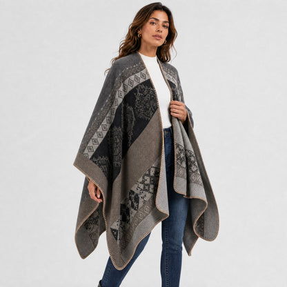 Poncho Bohème à Motifs Ethniques Femme gris et noir, vue de trois quarts