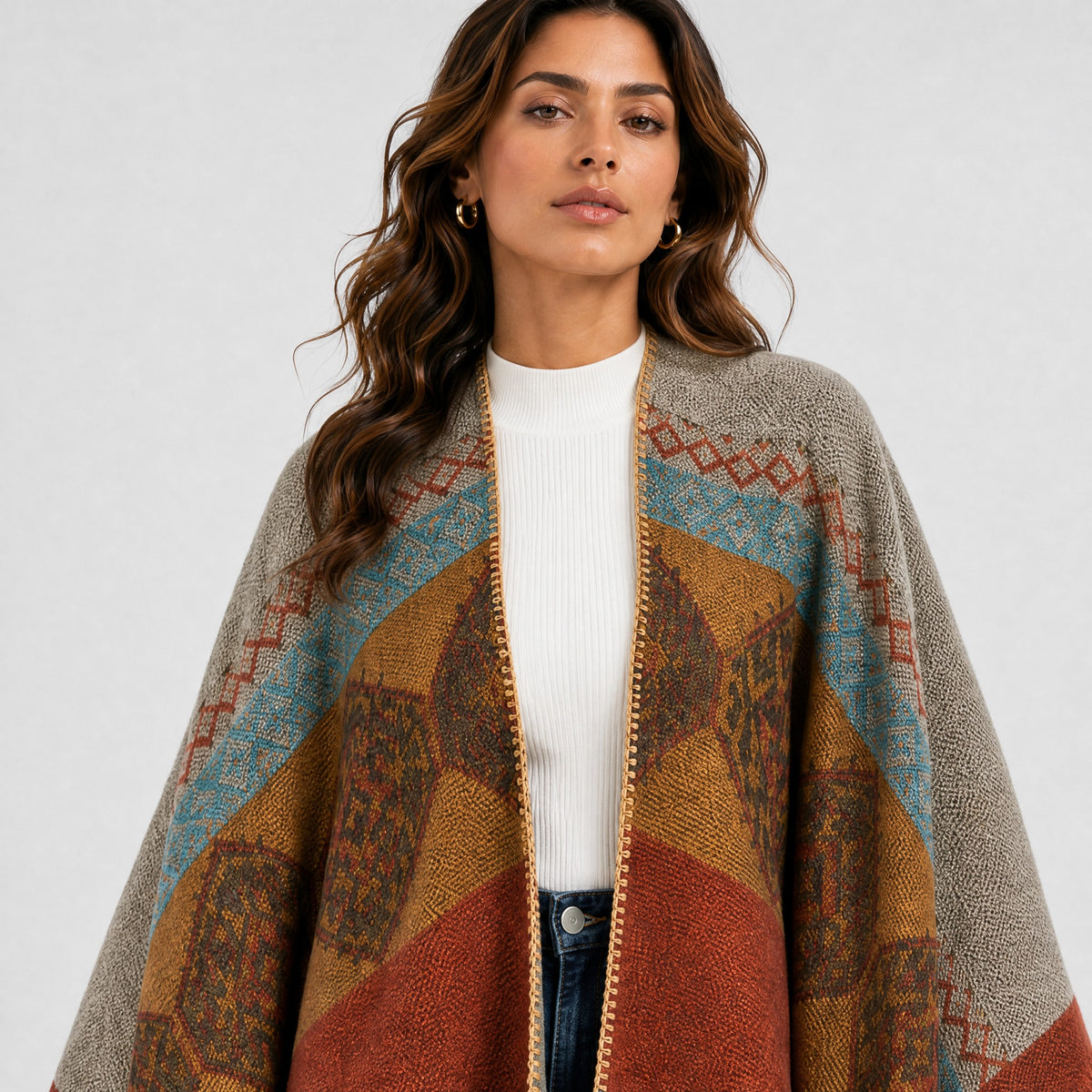 Poncho Bohème à Motifs Ethniques Femme orange et gris, détail de la matière