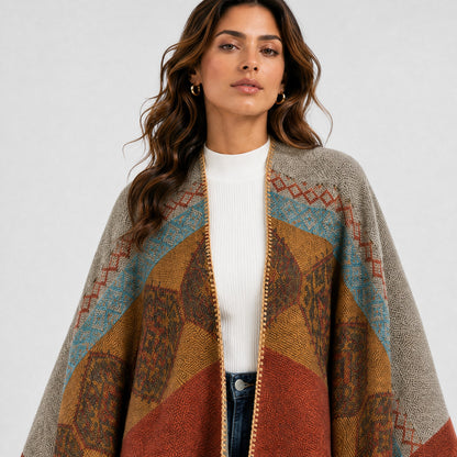 Poncho Bohème à Motifs Ethniques Femme orange et gris, détail de la matière