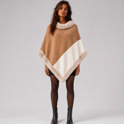Poncho Camel Col Effet Fourrure Femme camel, vue de face