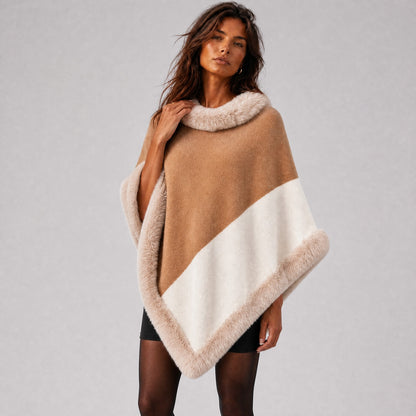 Poncho Camel Col Effet Fourrure Femme camel, vue de trois quarts