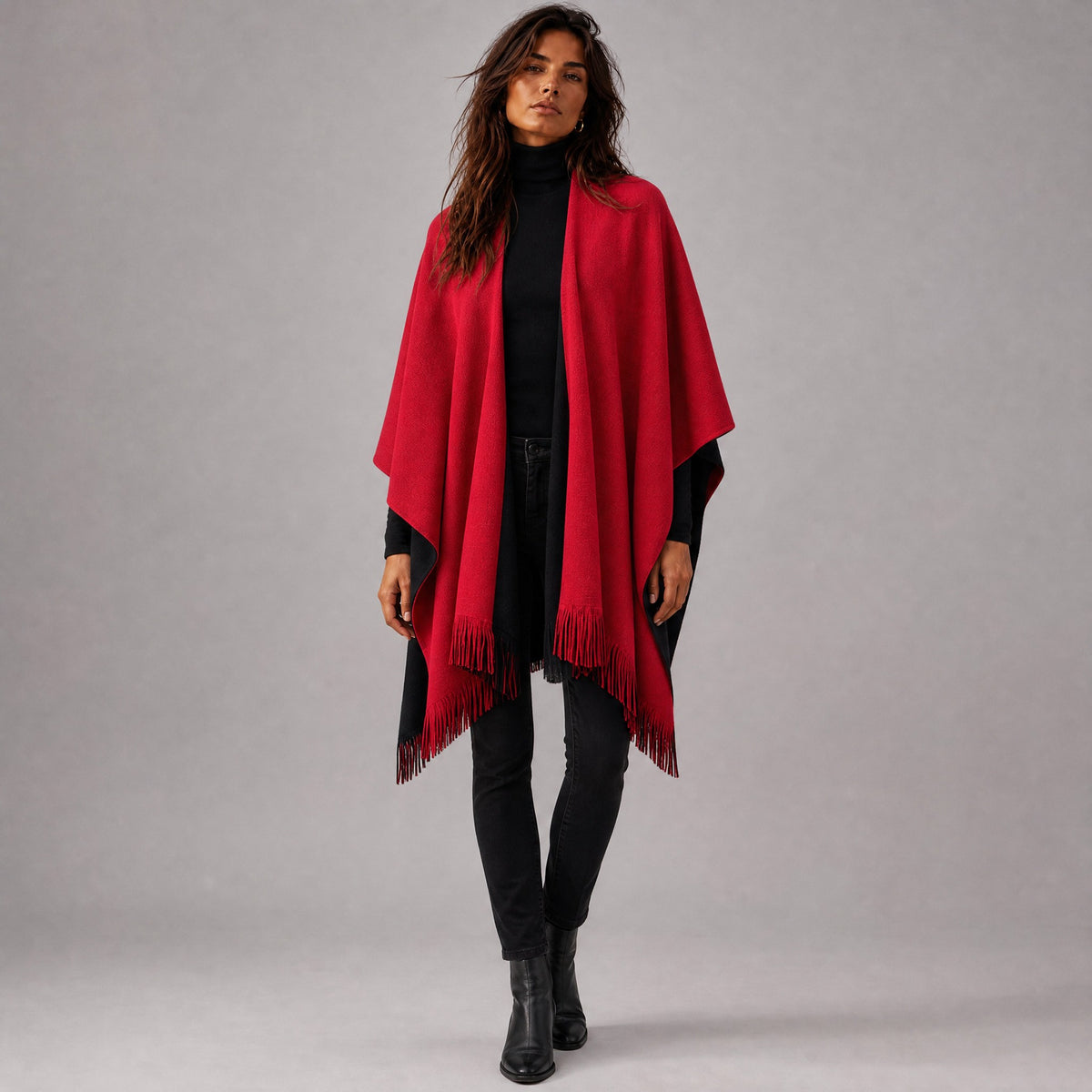Poncho Cape à Franges Femme rouge, vue de face