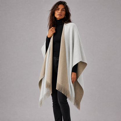 Poncho Cape à Franges Femme blanc, vue de trois quarts