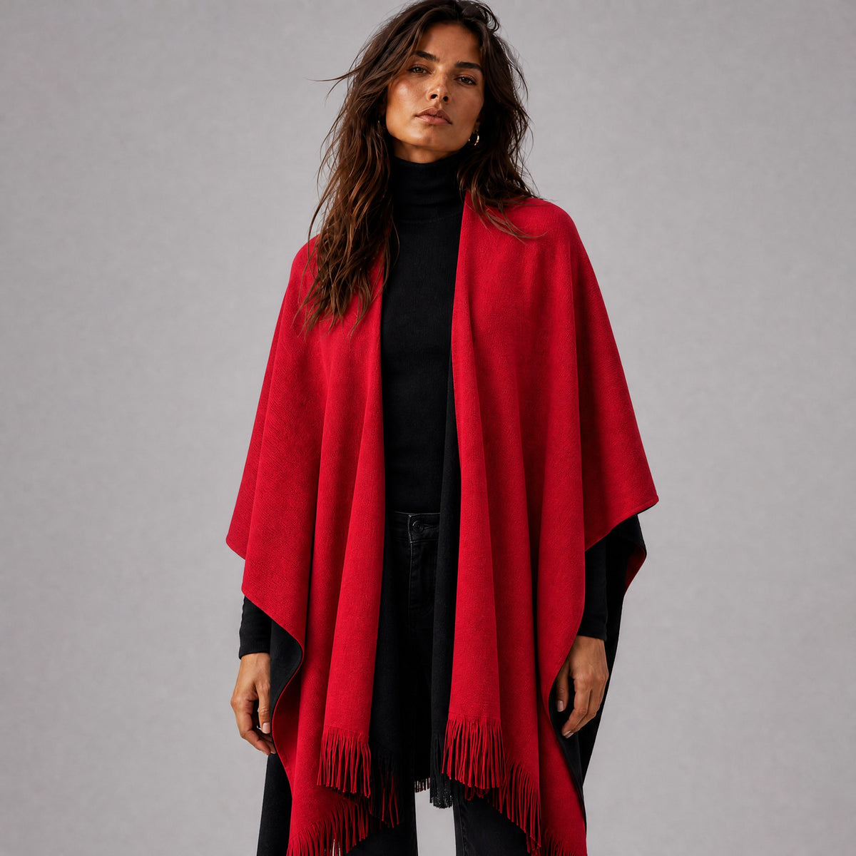 Poncho Cape à Franges Femme rouge, détail de la matière