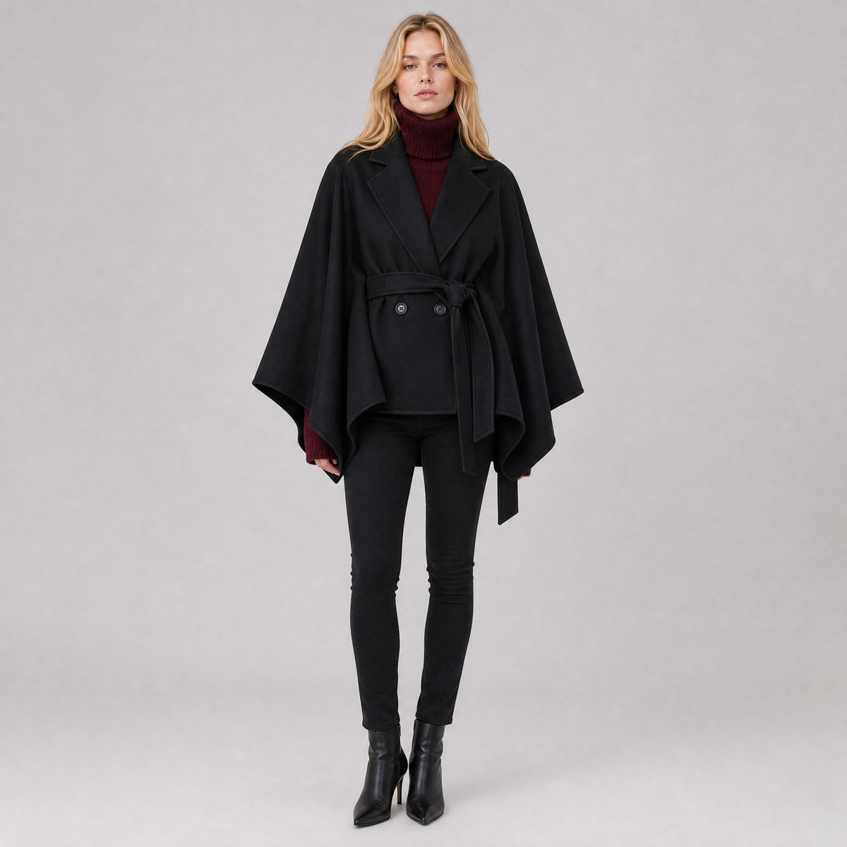 Poncho Cape Ceinturée à Double Boutonnage Femme noir, vue de face