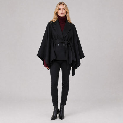 Poncho Cape Ceinturée à Double Boutonnage Femme noir, vue de face