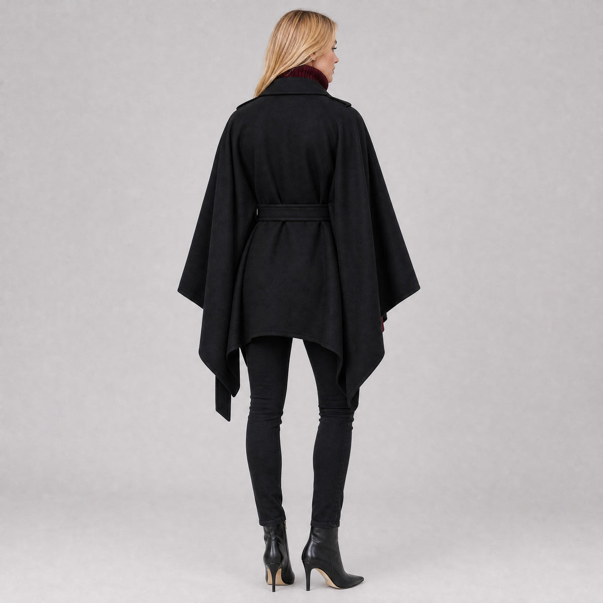 Poncho Cape Ceinturée à Double Boutonnage Femme noir, vue de dos