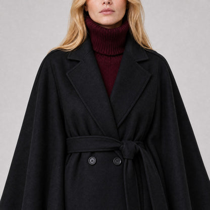 Poncho Cape Ceinturée à Double Boutonnage Femme noir, détail de la matière