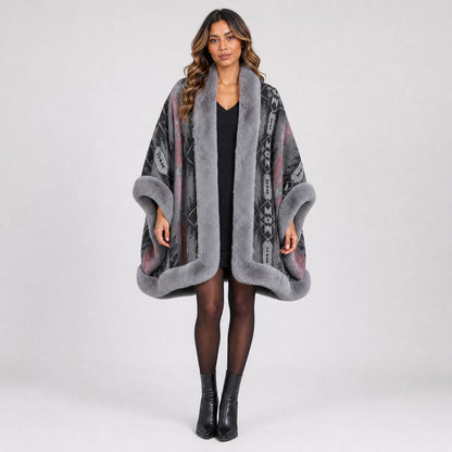 Poncho Cape Jacquard Ethnique Col Effet Fourrure gris, vue de face