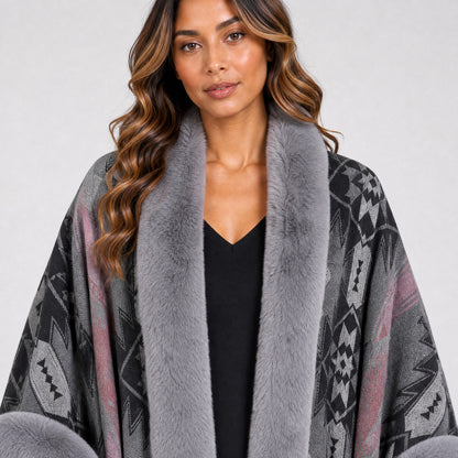 Poncho Cape Jacquard Ethnique Col Effet Fourrure gris, détail de la matière