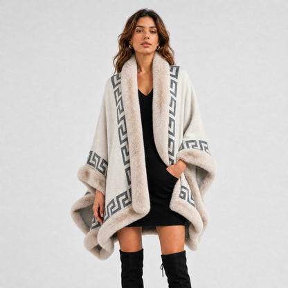 Poncho Cape Motif Grec Col Effet Fourrure beige, vue de face