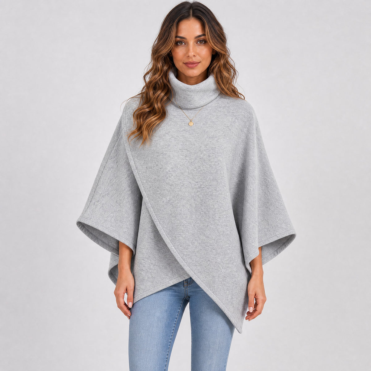 Poncho Col Montant Femme en Polaire gris, vue de face